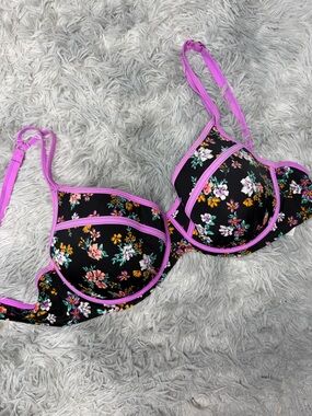 Swimsuits For All Floral Underwire Bikini Top Black Pink Trim Size 20